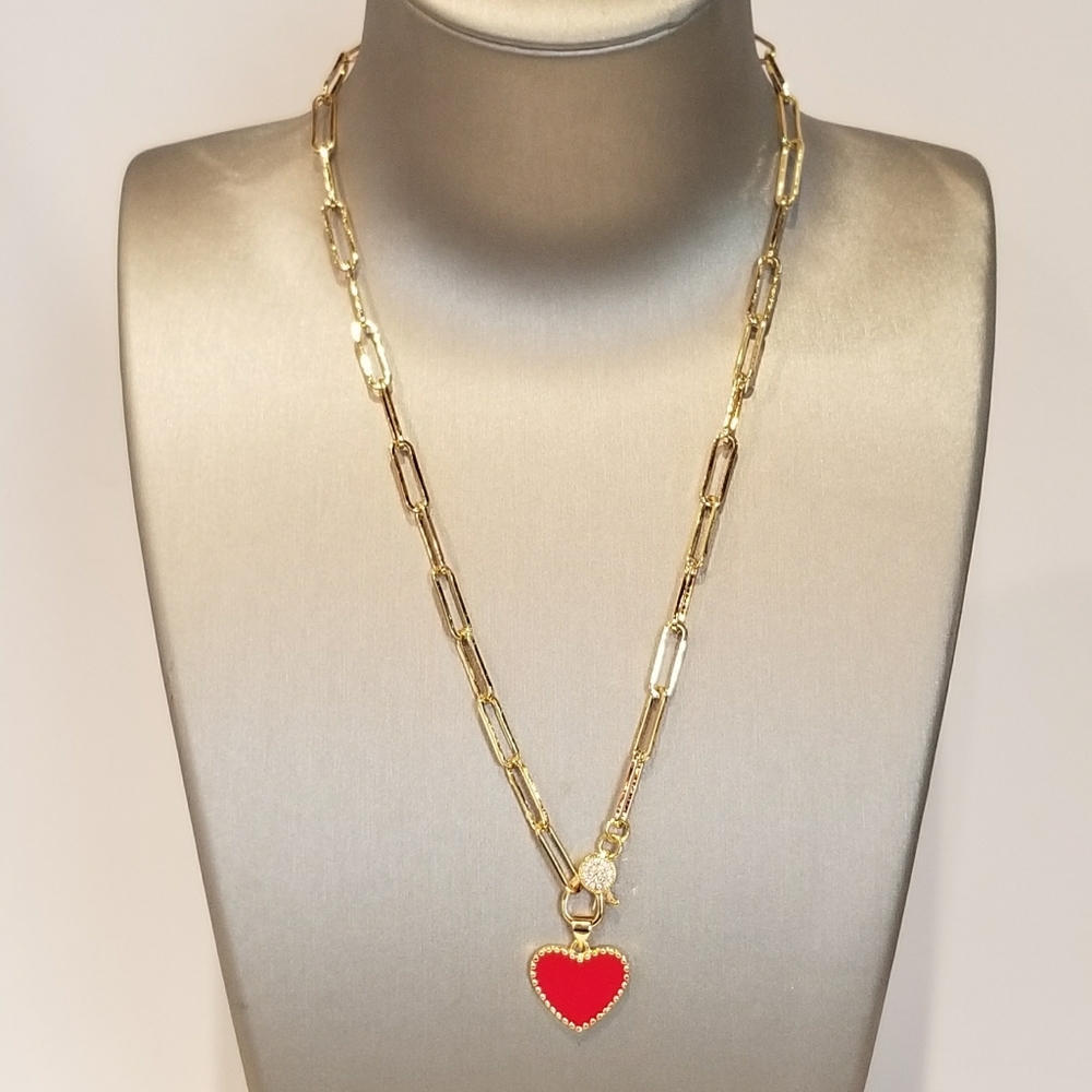 Red Enamel Heart Gold Paperclip Chain Necklace - Picture 3 of 7